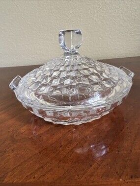 Rare Vintage Fostoria American Lemon Dish and Lid Clear Glass Cubes